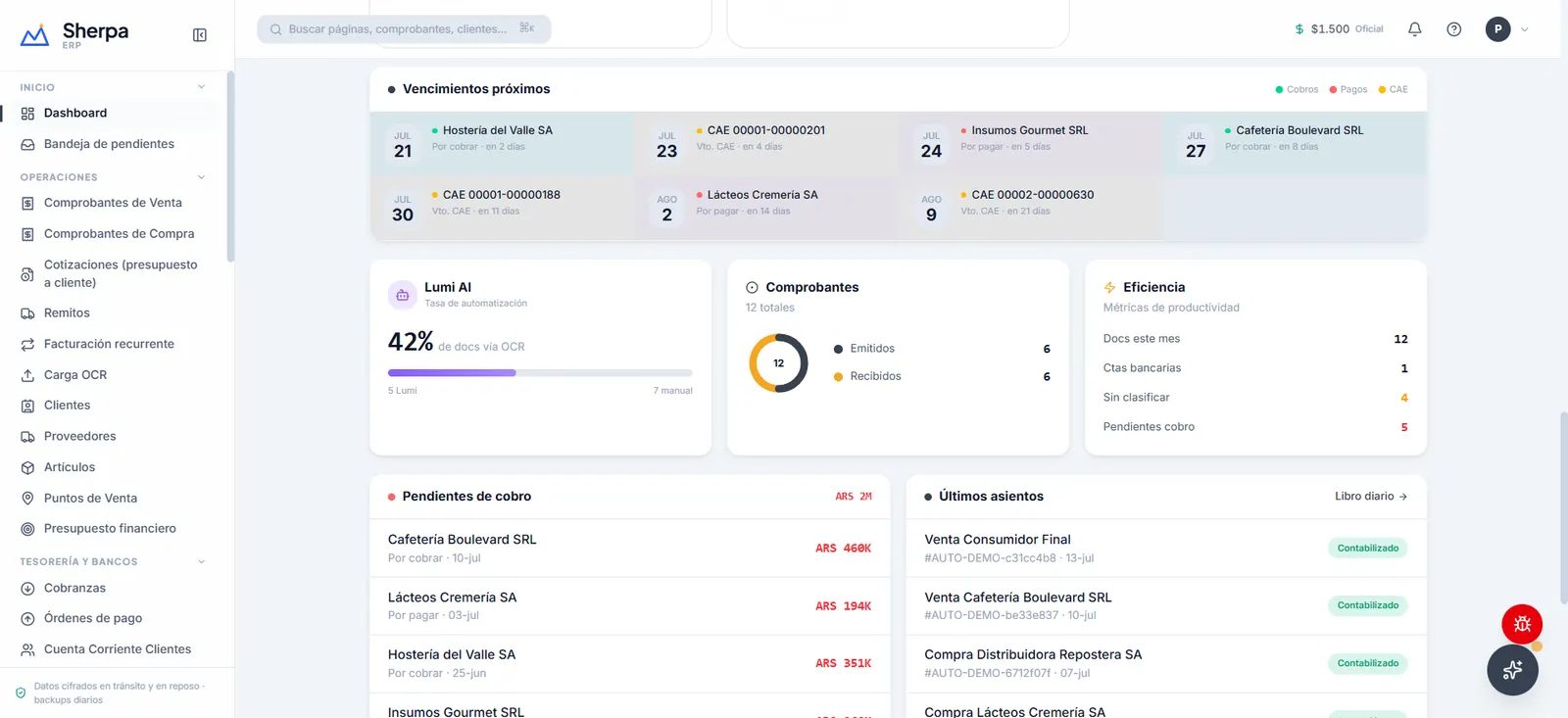 Interfaz real de Sherpa ERP: dashboard con Lumi AI, comprobantes y vencimientos próximos