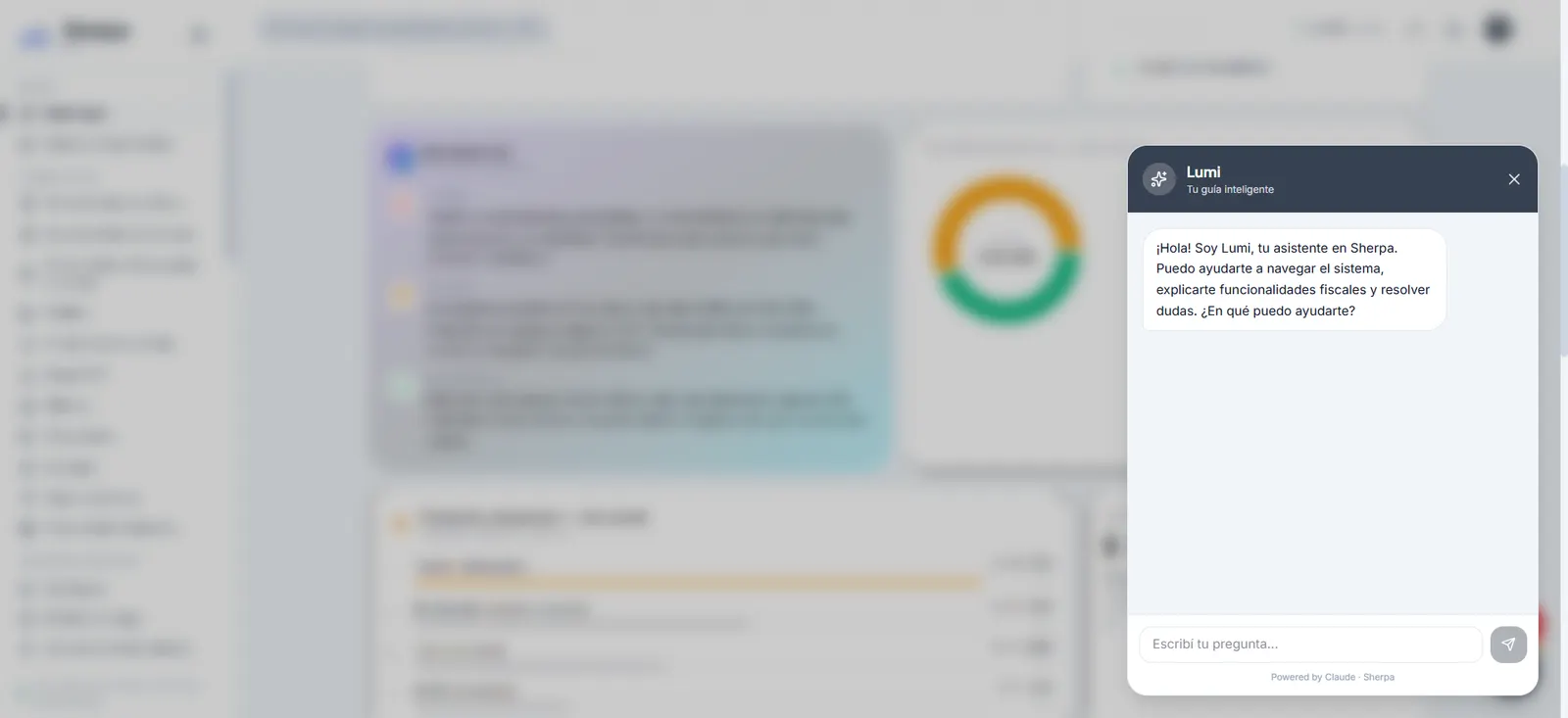 Lumi, el asistente de IA de Sherpa ERP, respondiendo una consulta dentro del sistema